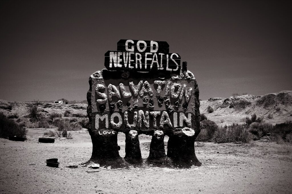 Salvation mountain sign black and white