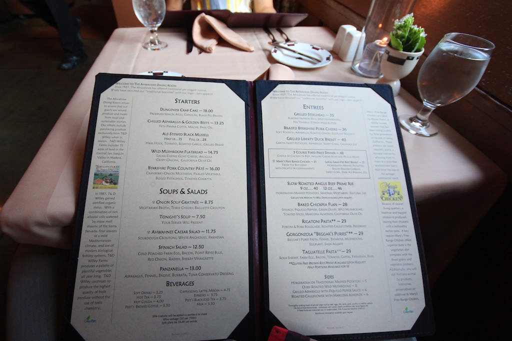 Ahwahnee Menu